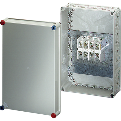 K 7042 - Коробка ответвительная с 4-полюсной клеммой для алюминиевых и медных проводов, 10-95 кв.мм, размер 450х300х170, IP 65, цвет серый