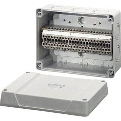 RK 9104 - Коробка ответвительная , IP 55 (ESM) / IP 65 (AKM), размер 125х167х82, цвет серый, опрессовка на 10 вводов М25/32,  24 клеммы 1,5-4 кв. мм